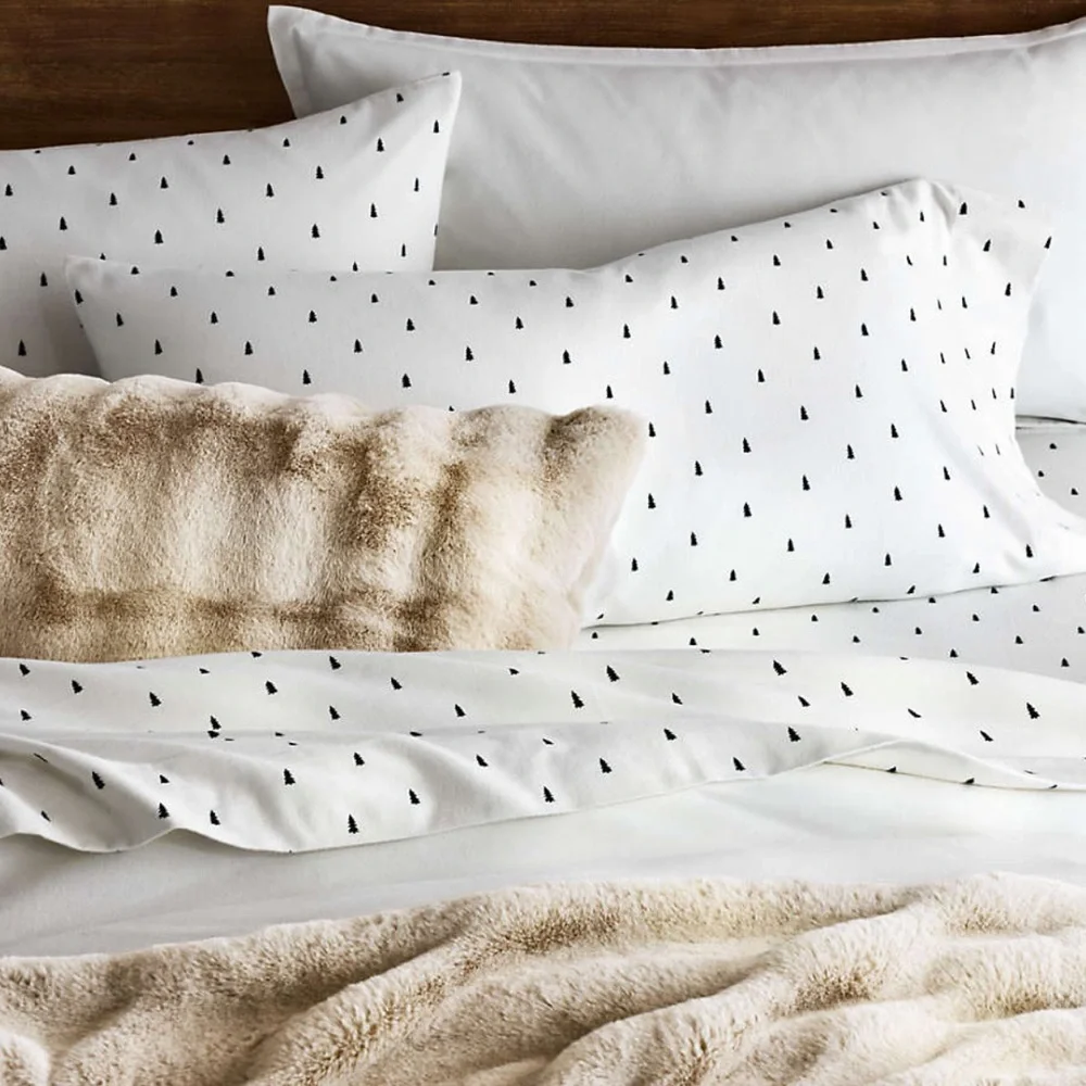 New! Crate&Barrel Cozysoft Organic Flannel Spruce Green Trees Bed Sheet Set KING